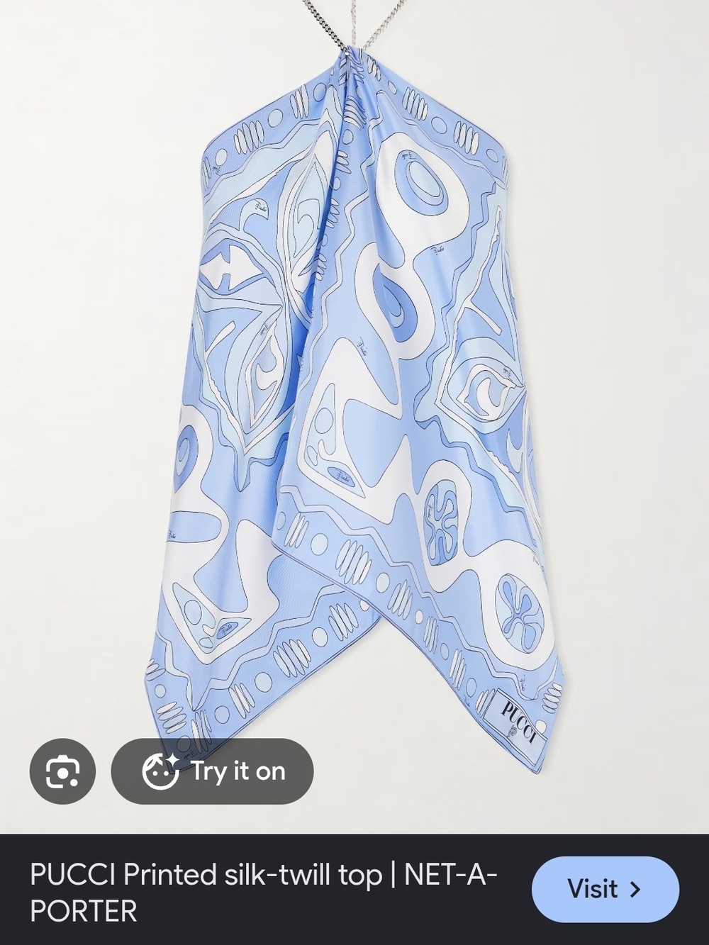 Emilio Pucci Light Blue and White Printed Silk Scarf Top